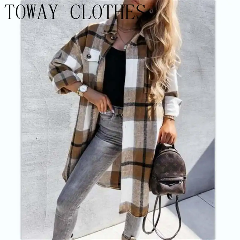 

Turn-down Collar Long Sleeve Plaid Flap Detail Drop Shoulder Button Up Coat Casual Shirt