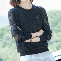 elegant women spring autumn mesh hollow out lace patchwork knitted pullover and sweaters female lantern sleeve jumper pull femme