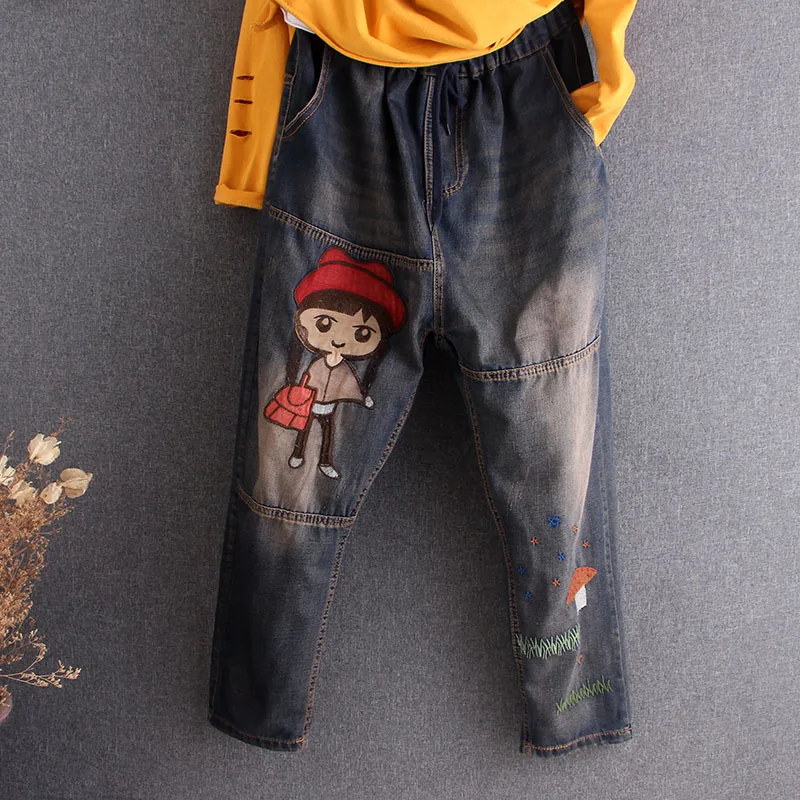 Джинсы женские оверсайз с мультяшной вышивкой модные хлопковые брюки султанки