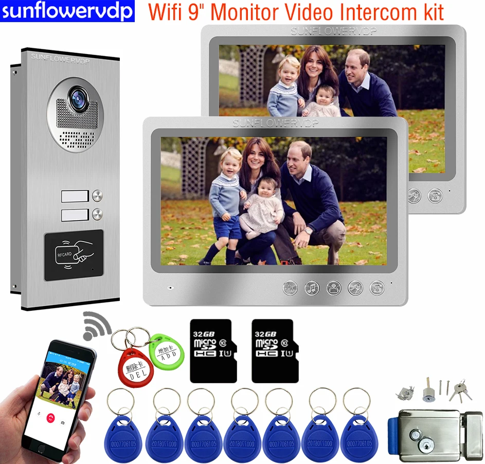 9Inchs Wifi 32Gb Video Deurbel Met Monitor Intercom Voor Een Prive Huis Deur Telefoon Handset Voor Intercom Appartementen + Deurslot