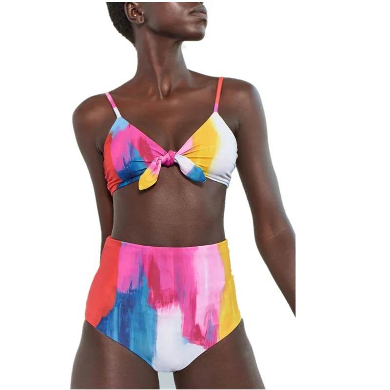 

2021 New High Waist Sexy Tie Dye Color Splash Ink Digital Printing Split Swimsuit 2-piece Women's Swimsuit