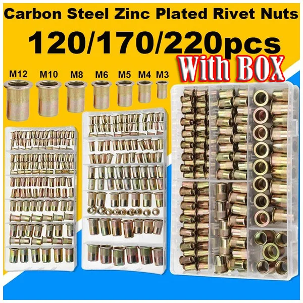 

120/170/220Pcs Metric M3+M4+M5+M6+M8+M10+M12 Carbon Steel Zinc Plated Rivet Nuts Flat Head Riveting Tool home improvement