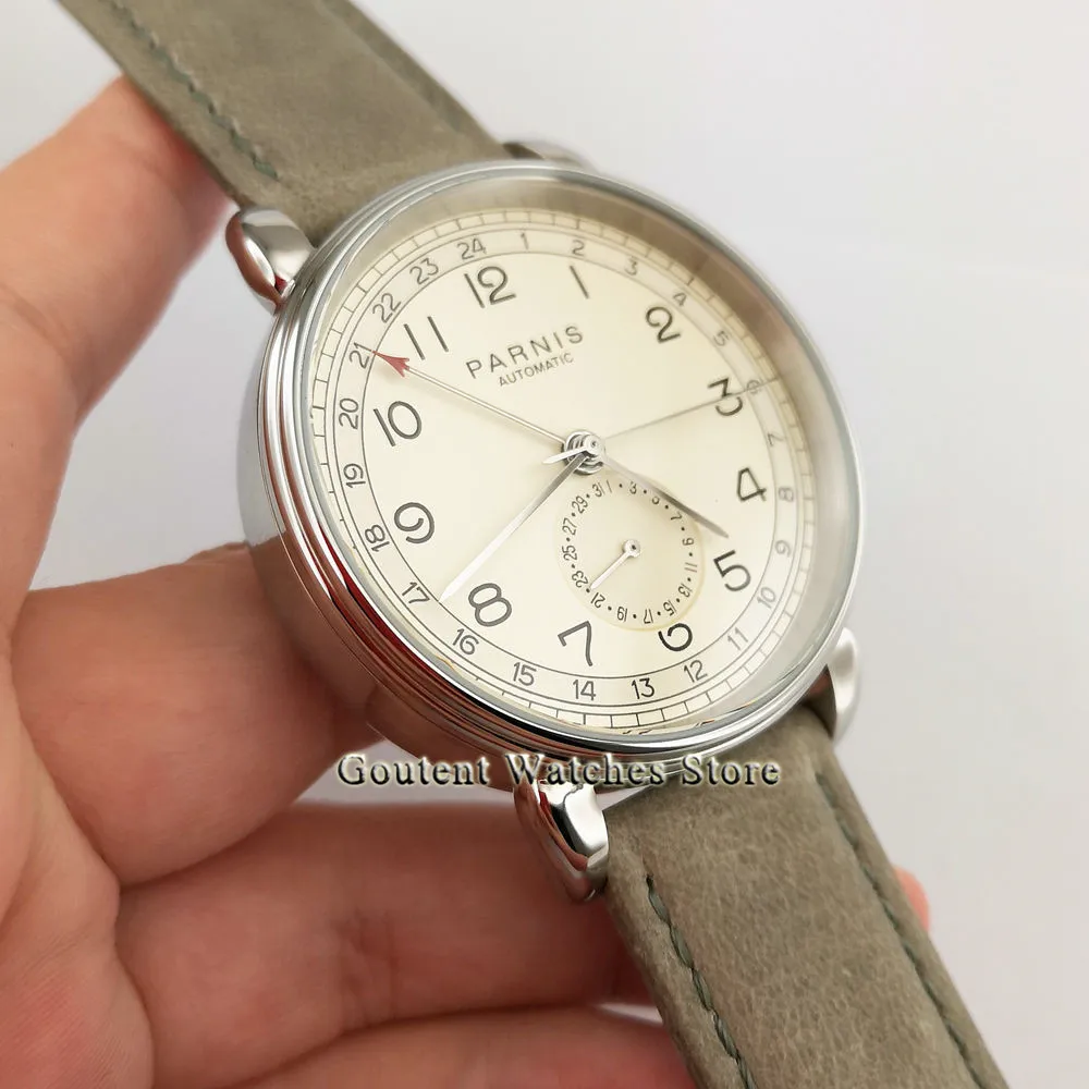 Новые мужские часы Parnis 42 мм GMT топовые брендовые механические серебристый футляр