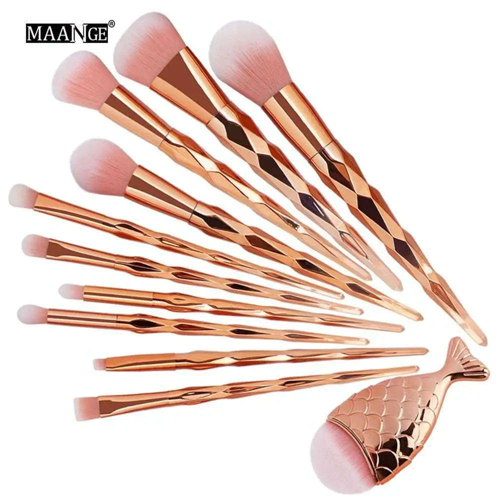 11 шт./компл. набор кистей для макияжа из розового золота в форме рыбьего хвоста |