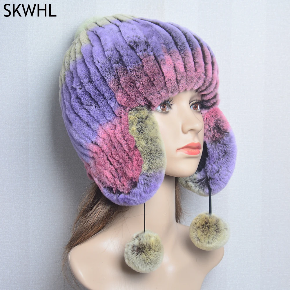 

Natural Fur Hat Women Hand Sewn Rex Rabbit Fur Knitted Ladies Warm Beanie Hats Patchwork New Stylish Winter Warm Cap