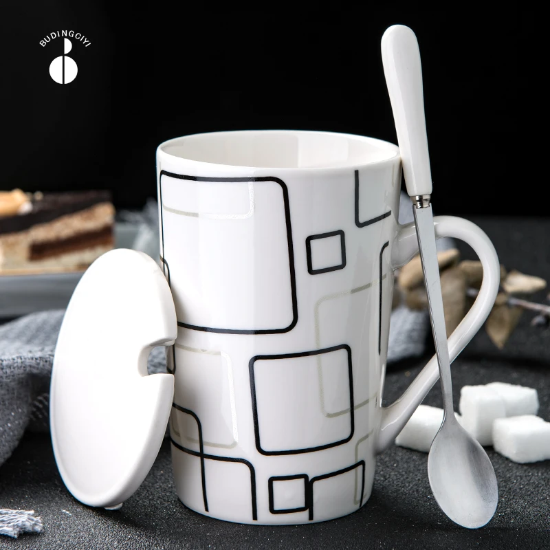 

Simple personality trend creative ceramic cup with cover spoon household large capacity mug coffee cup tea cup