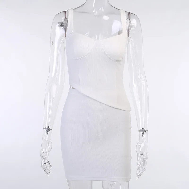 

2021 White Ribbed Sexy 2 Piece Set Corset Crop Top and Mini Skirt Club Outfits for Women Asymmetric Bodycon Dress C69-CA23