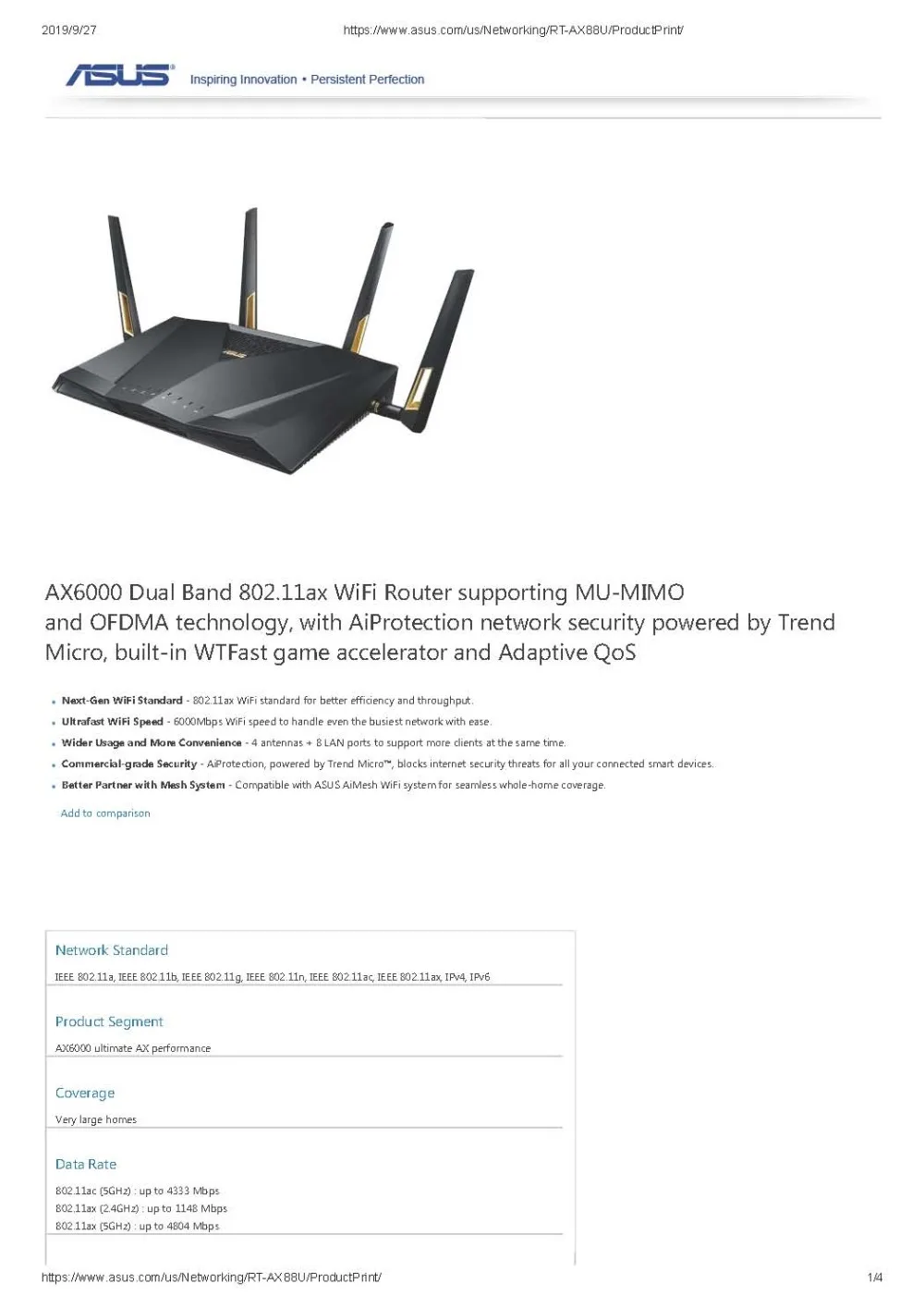 Топ 5 игровой роутер Wi-Fi 6 802.11ax 4x4 до 6000 Мбит/с ASUS RT-AX88U AX6000 MU-MIMO& OFDMA 2,4 ГГц/5 ГГц 4 антенны+ 8 Lan 1000 Мбит/с