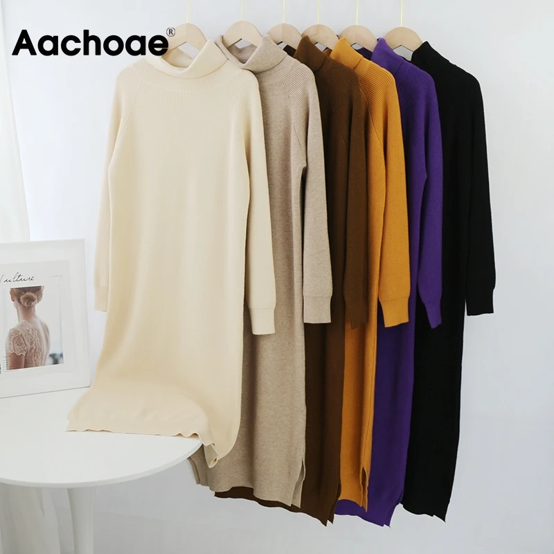 

Women Turtleneck Knitted Dress Batwing Long Sleeve Casual Long Dress Side Split Solid Loose Sweater Dresses Vestidos