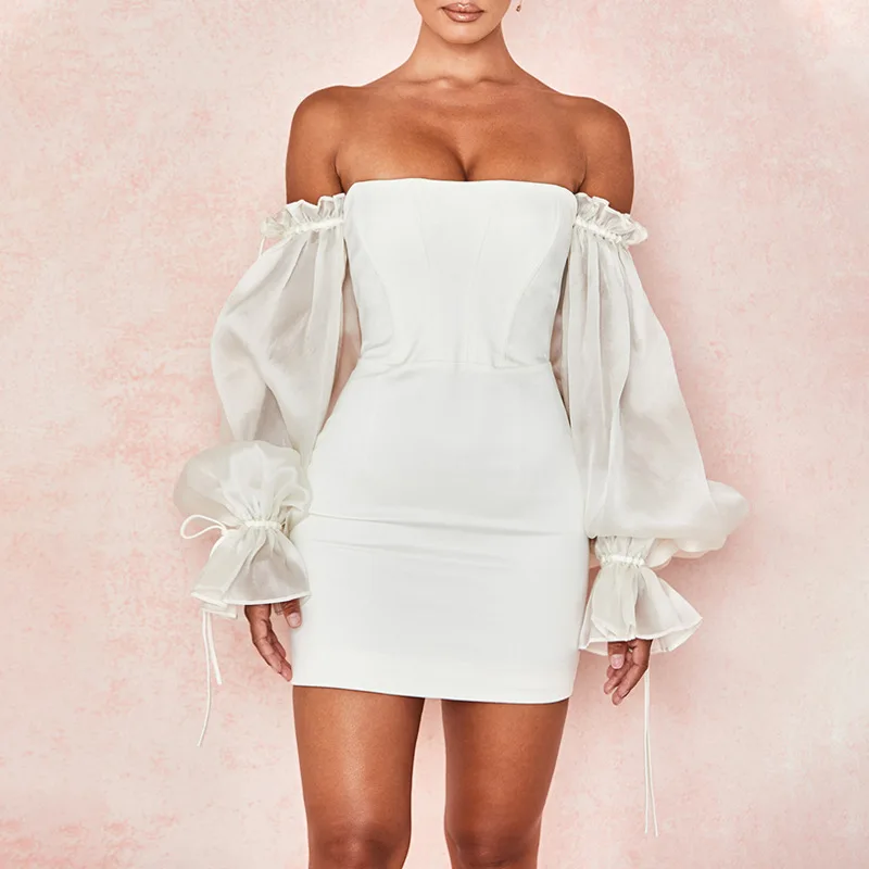 

Fannic Sexy Dresses for Women Slash Neck Lantern Sleeve Strapless Sliod Color White Black Dress Women Spring and Autumn 2021