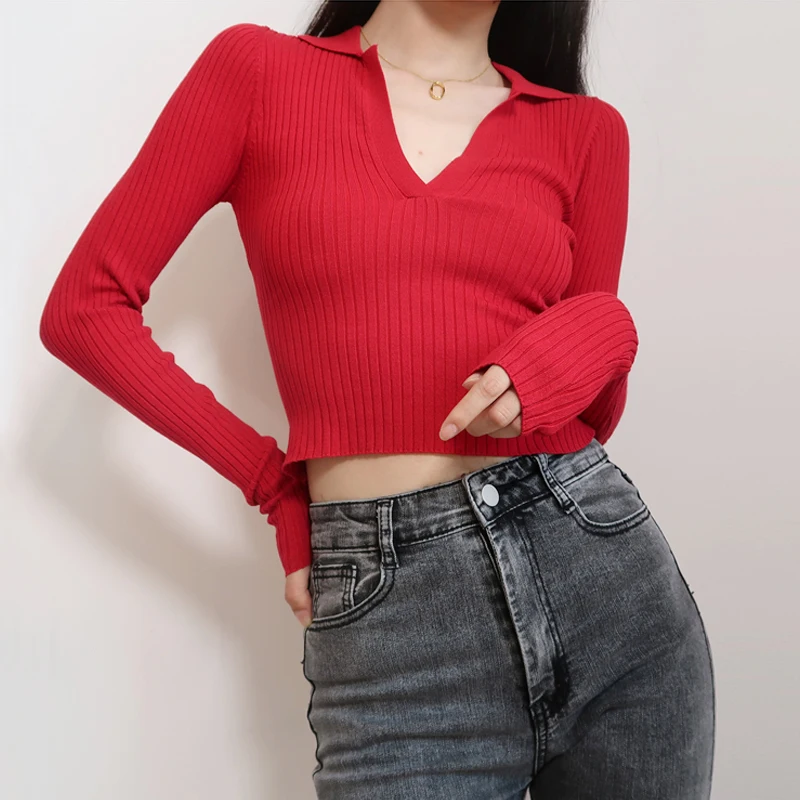 Women Sexy Polo Plunge Neck Long Sleeve Jumper In Skinny Rib Fitted Crop Knit Pullover With | Женская одежда