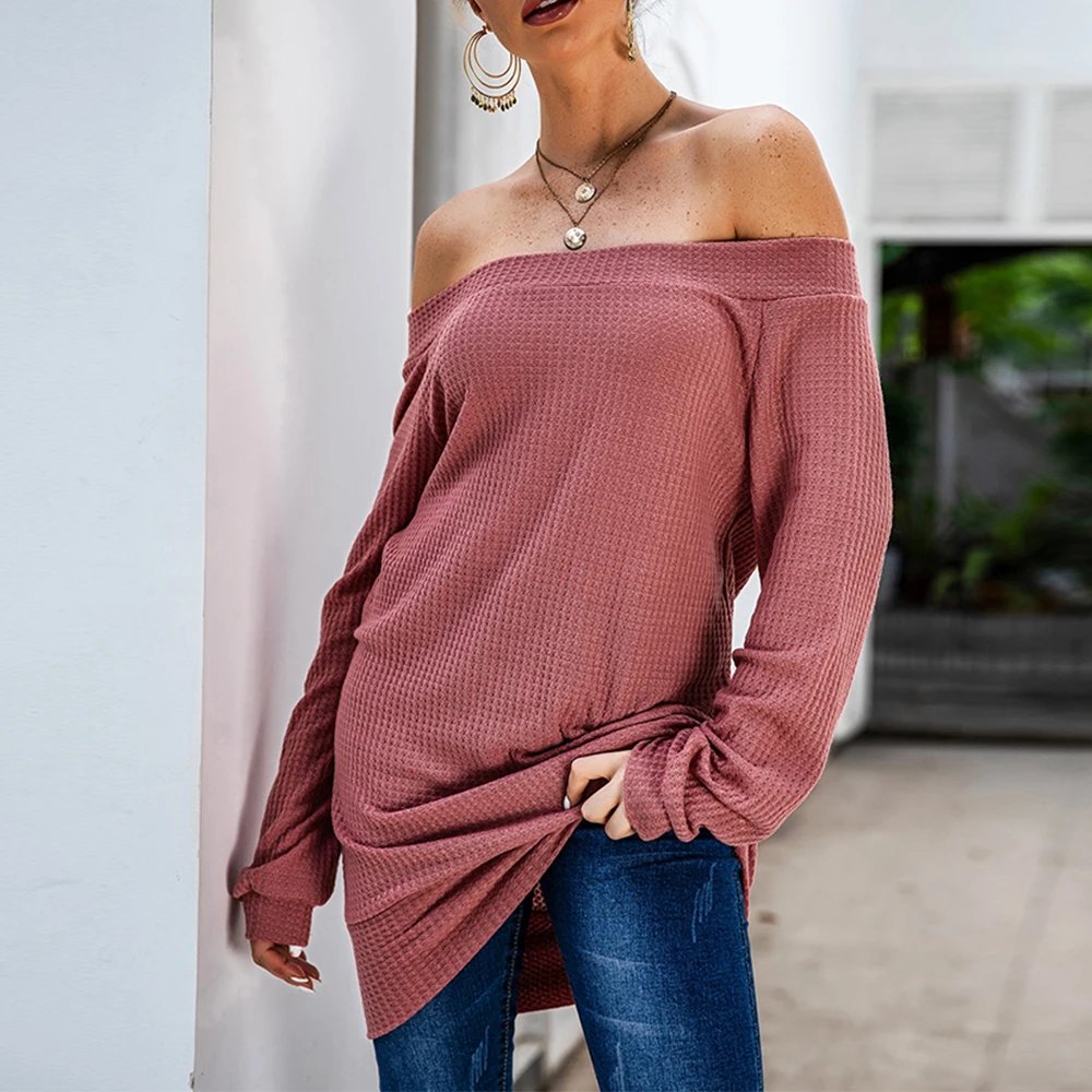 Slash Neck Women Knitted Blouses Shirt Long Sleeve Light Pink Ladies Tops Autumn Winter Solid Color Female Q30 |