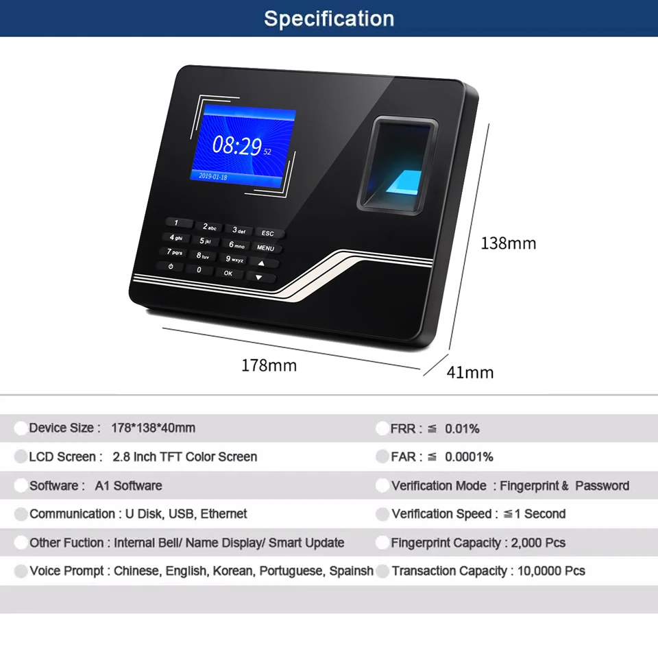 

Attendance System Fingerprint TCPIP USB Password Access Control Office Time Clock Employee Recorder Device Biometric Machine