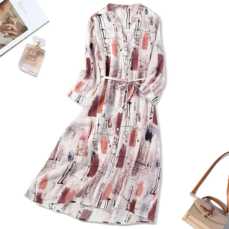 

Women's 100% Pure Silk V neck half sleeve Long Midi Dress brown print belted waist L XL JN807