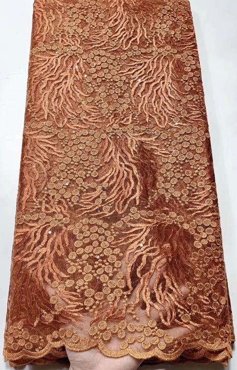 New Style Burnt Orange French Net Lace Fabric sequins African Tulle Mesh High Quality CLL4573 | Дом и сад