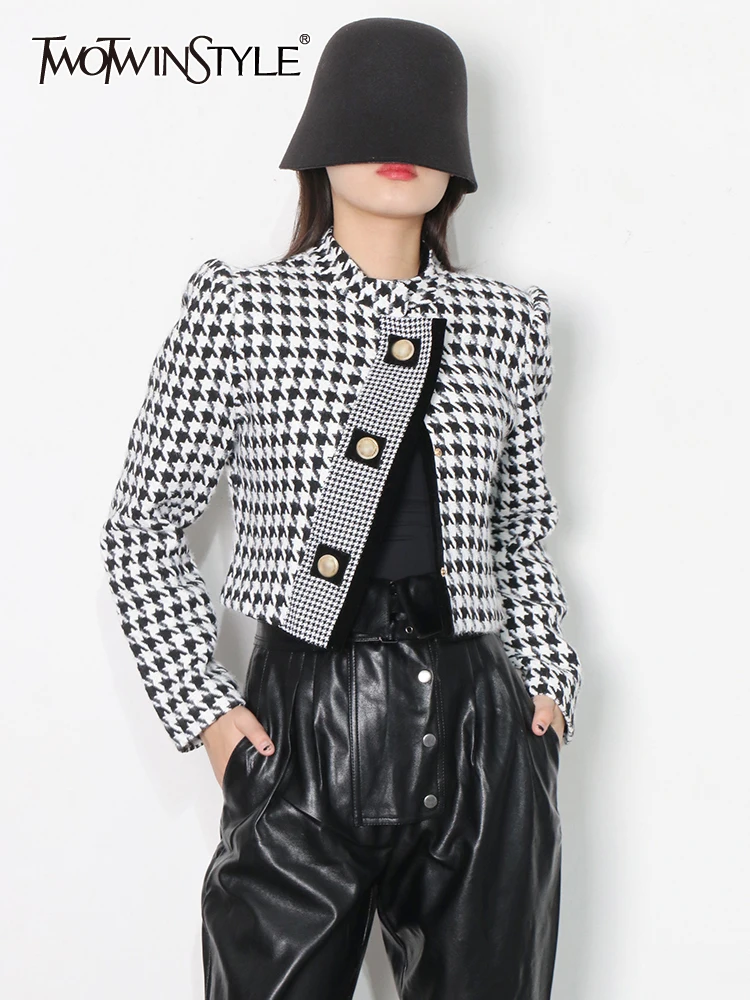 

TWOTWINSTYLE Casual Houndstooth Patchwork Button Jacket For Women Stand Collar Long Sleeve Short Jackets Female Fashion New 2021
