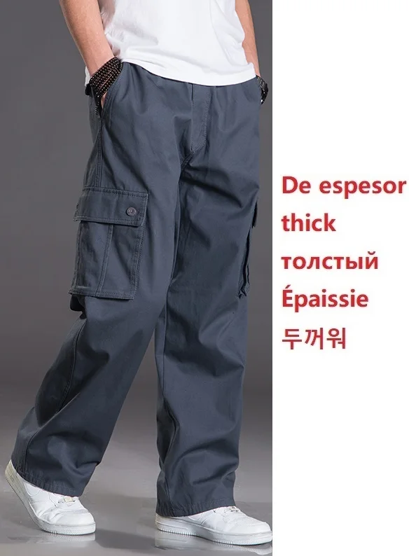 thick Light blue Зимние мужские хлопковые плотные брюки-карго с карманами на молнии, большие размеры, 8XL, 10XL, 9XL, 140 кг, повседневные штаны в стиле сафари, черные, 48 - Цвет: thick Light blue
