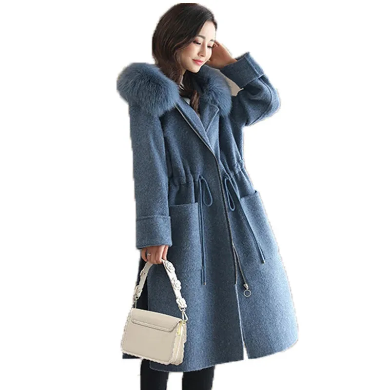 

Woolen Coat Women Fur Collar Hooded Plus Size Gray Blue Long Tops 2020 Autumn Winter New Korean Thick Warmth Blends Jacket LR684