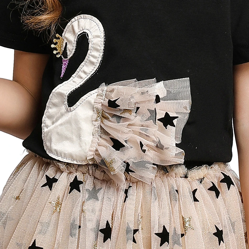 LUCKKIDS Girls Summer T Shirt and Sequined Dress 2Pcs Swan Kid Spring Casual Clothes Suit Tee+Star Tutu Skirt Set
