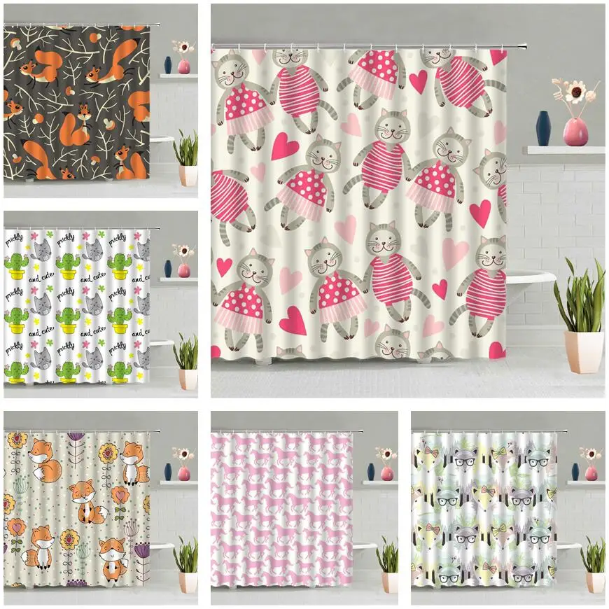 

Cat Squirrel Shower Curtain Fox Unicorn Horse Rabbit Animal Cactus Flower Tree Love Heart Children Bathroom Waterproof Decor Set