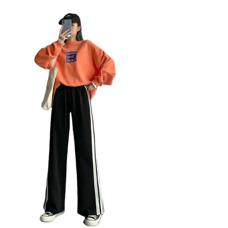 

Ins super fire wide leg pants women's high waist leisure straight slit floor dragging pants loose sports BF drop feeling elastic