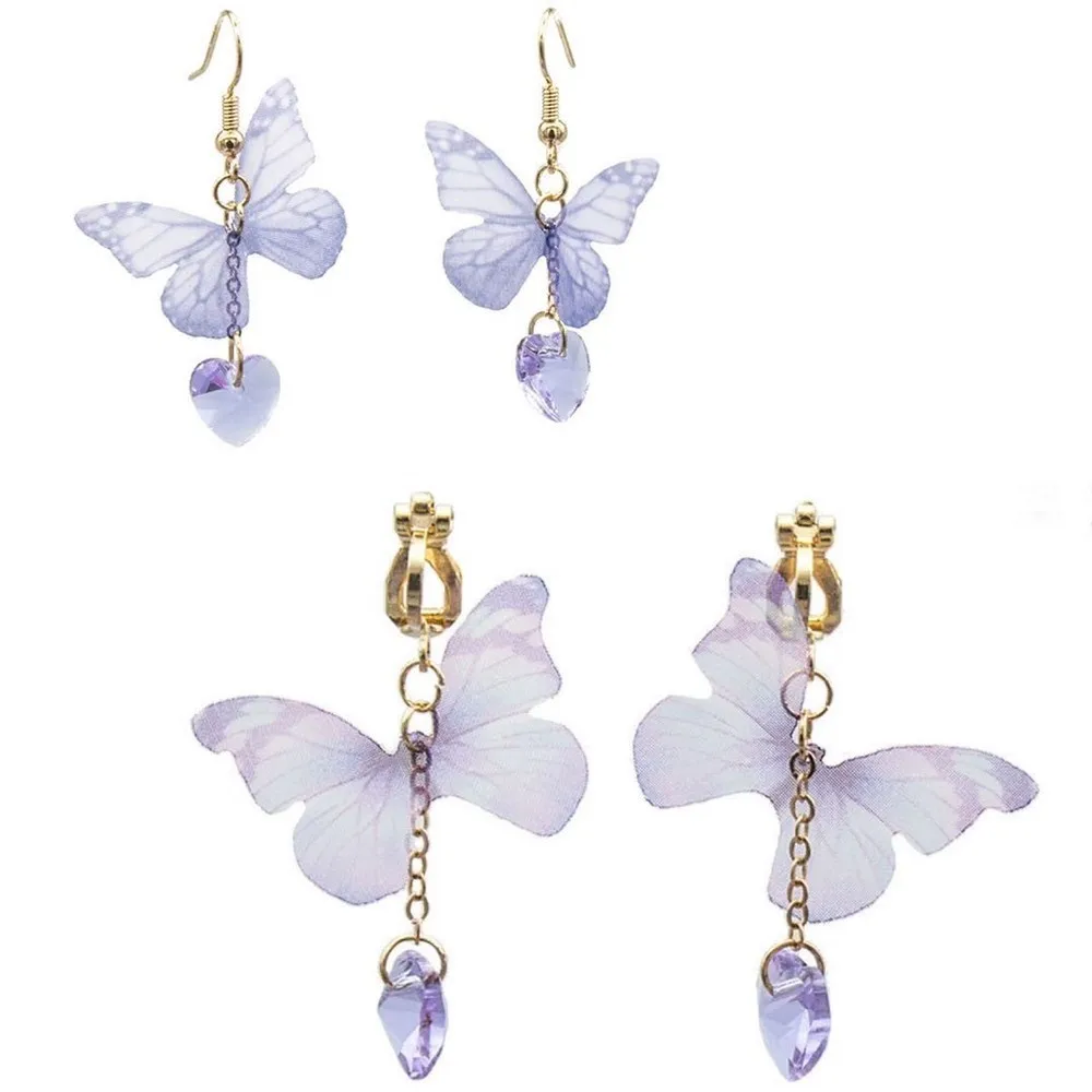 Fashion and Cute Purple Butterfly Pendant Earrings Popular Enamel Beautiful Glass Clip on 2021 New Jewelry for Women | Украшения и