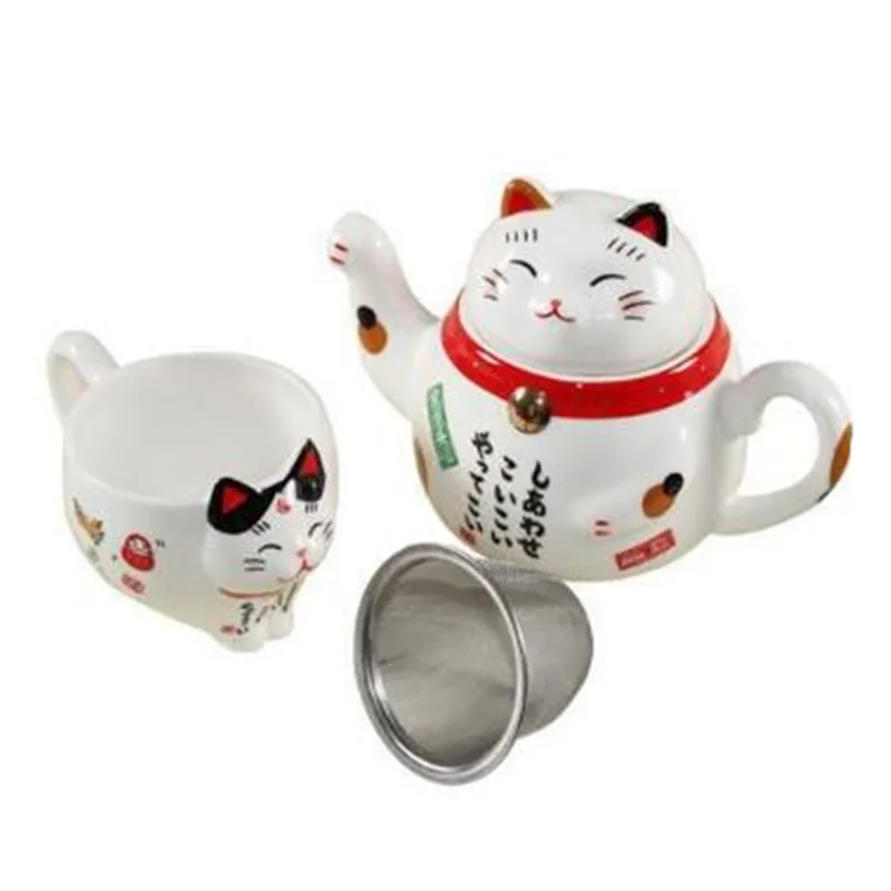 Cute Lucky Cat Porcelain Tea Set Creative Maneki Neko Ceramic Cup Pot With Strainer Lovely Plutus Teapot | Дом и сад