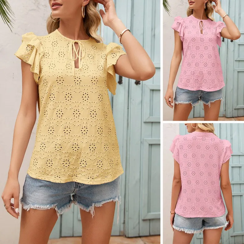 

Summer T-Shirts For Women Hook Flowers Round Neck Lotus Leaf Sleeve Tops