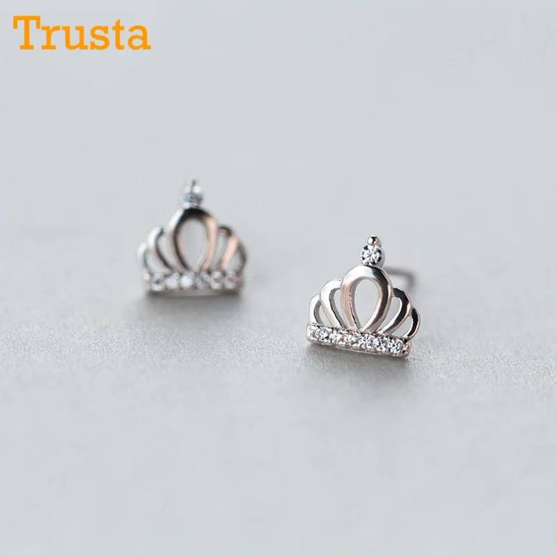 Trusta 925 пробы серебряные женские ювелирные изделия Модные крошечные 9 мм X 9 мм Корона с CZ серьги-гвоздики подарок для девочек Детские леди DS625