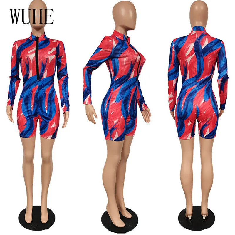 

YEYA Tight Sexy Jumpsuits Long Sleeve Zipper Up Colorful Print Package Hip Stand Collar Skinny Casual Streetwear Nightclub