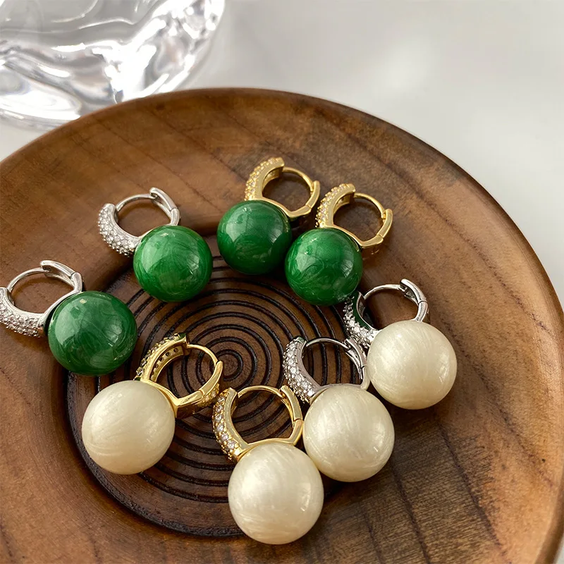 

Cubic Zirconia Hoop Huggies White Green Imitation Pearl Bead Charm Dangle Earrings for Women Ladies Trend Jewelry