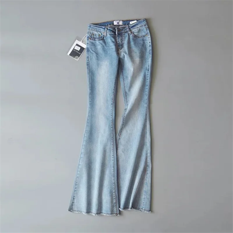 Retro style cotton washed dark blue/light blue women's denim trousers sexy low waist fashion large bell-bottoms pants