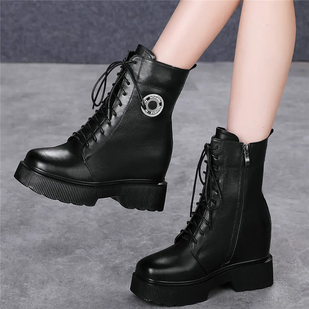 

Height Increasing Creepers Women Genuine Leather High Heel Motorcycle Boots Female High Top Winter Platform Pumps Casual Shoes