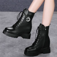 height increasing creepers women genuine leather high heel motorcycle boots female high top winter platform pumps casual shoes