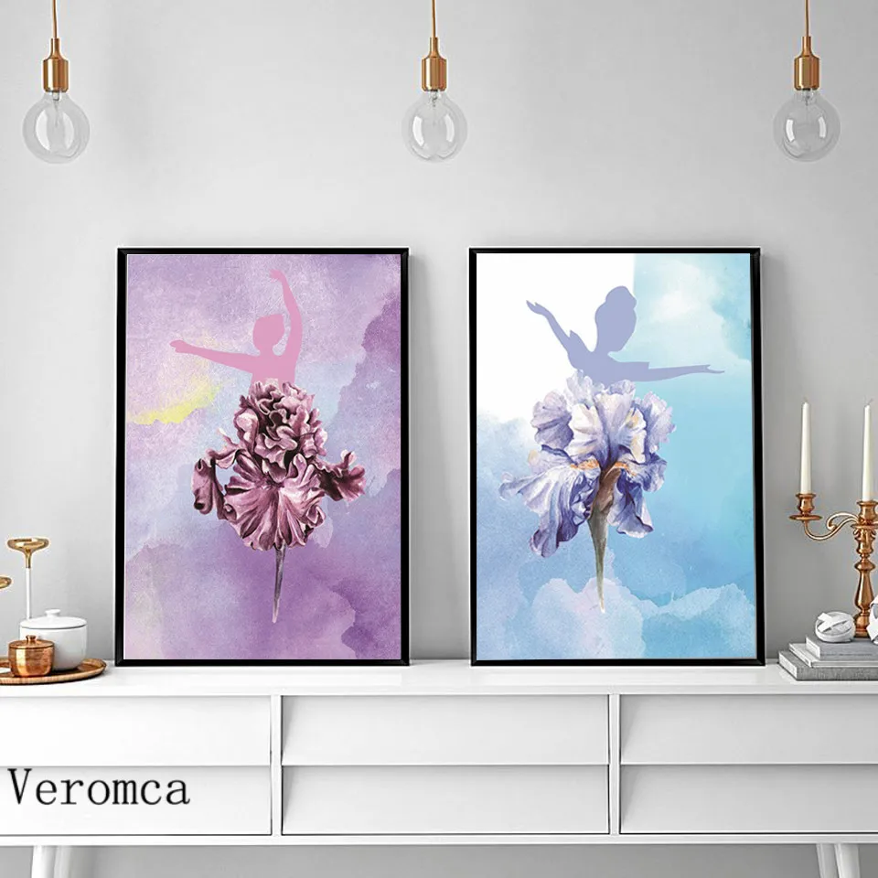 

Nordic Style Blue And Purple Elegant Dancing Ballet Girl Canvas Painting Poster Wall Art Pictures For Living Room Home Decor