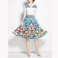 perhaps u women turn down collar half sleeve shirt tops high waist geometric floral print skirt fashion two piece set t3031