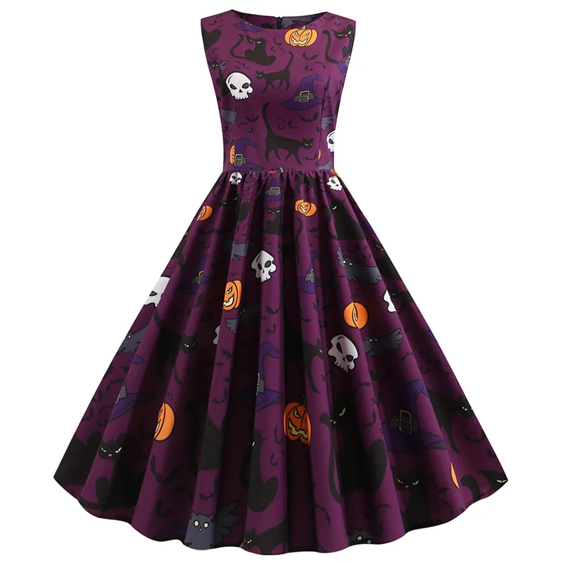 Летнее платье женское с принтом тыквы на Хэллоуин Ретро плюс размер круглый воротник без рукавов большое