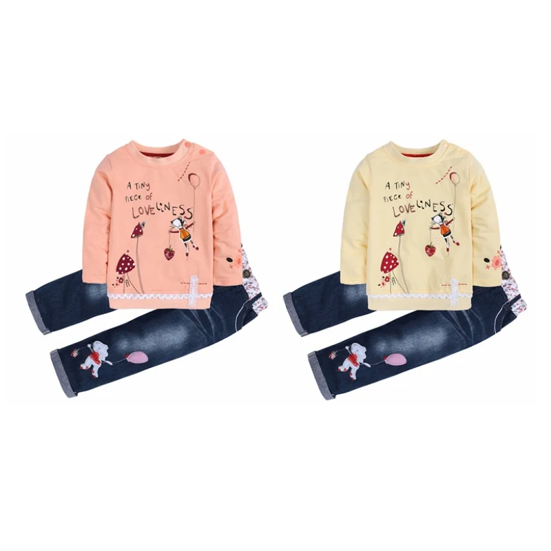 

2pcs/set Girls Spring Pants Set Baby Girls Lace Hem Cartoon Pattern Sweatshirt+Denim Jeans Casual Children Clothes Kids Outfits