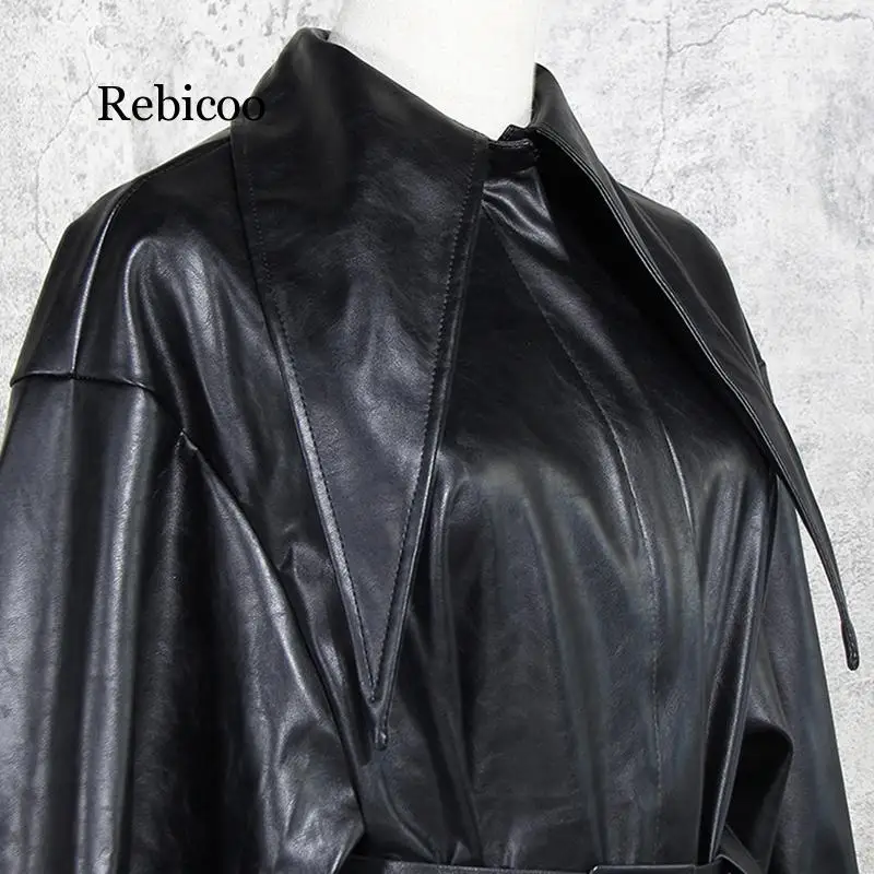 

New Fashion Autumn Winter Lapel Long Sleeve Belt PU Leather Stitching Perspective Mesh Long Jacket Loose Coat