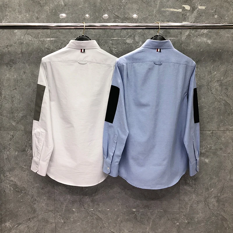 

2021 Fashion Brand Shirts Men Slim Patch Long Sleeve Striped Casual Shirt Turn Down Collar Oxford Solid Men's Clothing