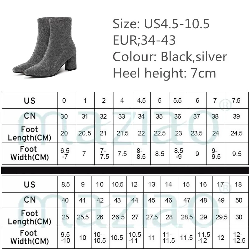 

33-43 Big Size Women Boots High Heels Thick Heel Pointed Toe Sequins Flock Boots Fashion Sexy Winter Party Ankle Botas MAZIAO