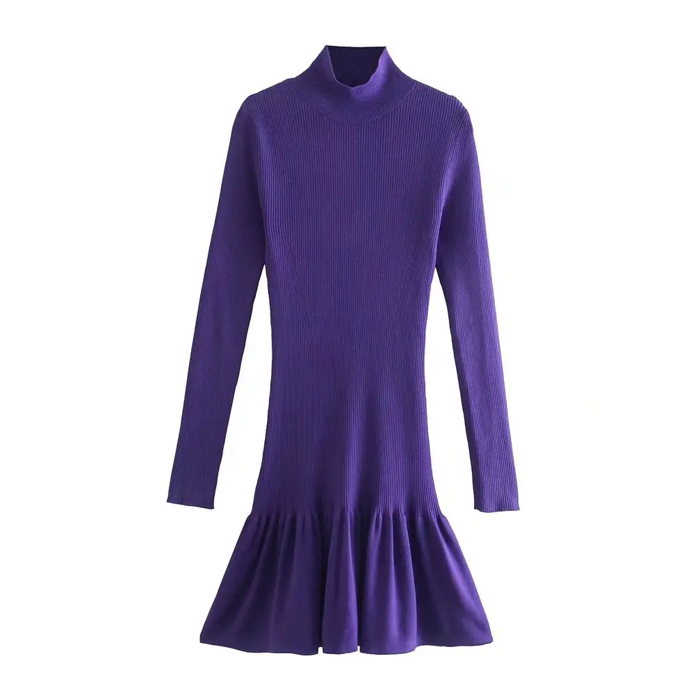 

Sherouse Women Fashion Knit High Neck Dress Long Sleeves Ruffled Hem Chic Lady Purple Fitted Knitted Short Dresses Female