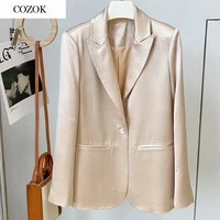 high qaulity women blazer coat 2021 spring fashion elegant ol loose champagne suit jacket single button fake silk blazers