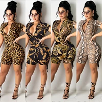 leopard women rompers zipper front short sleeve skinny short jumpsuit sexy hollow out night club party one piece biker playsuit