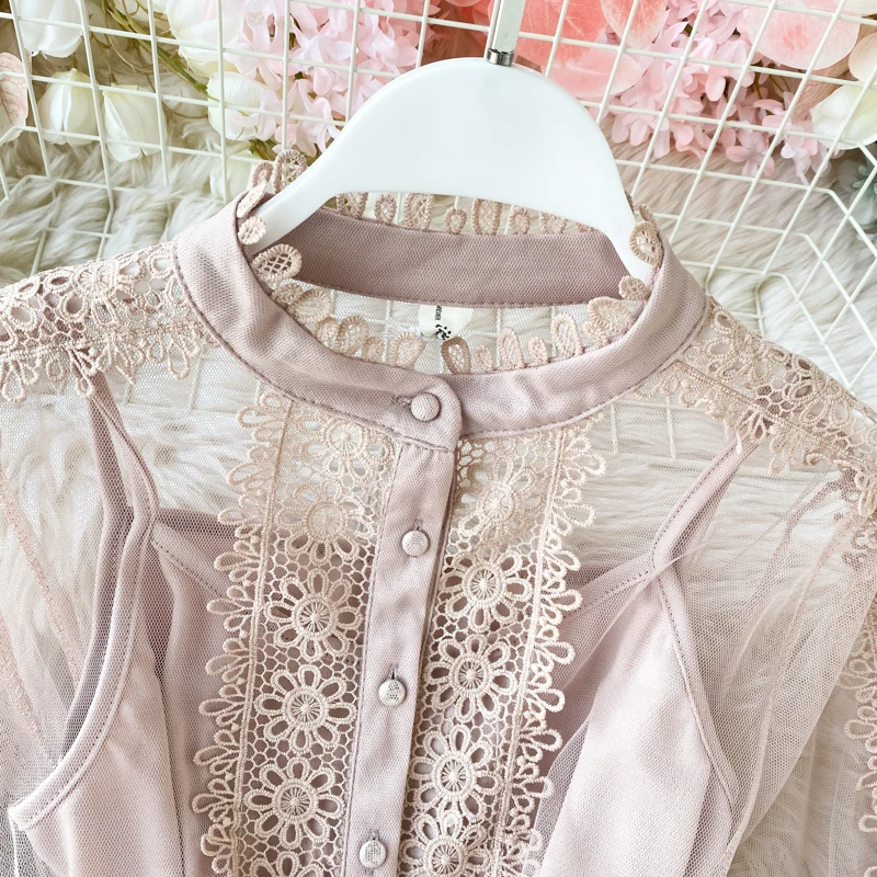 HISUMA 2020 spring New Women's lace Spliced mesh layer ruffles puff dress female elegant fairy irregular dresses two piece set | Женская