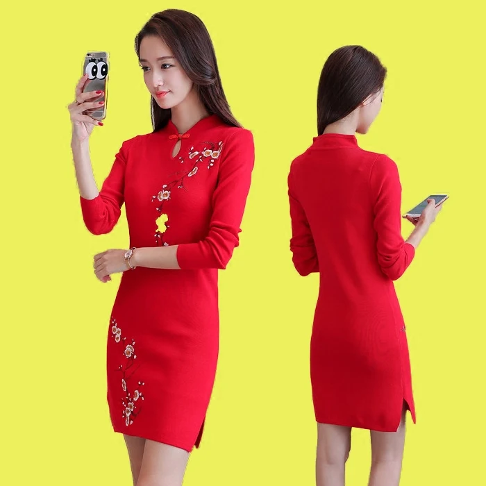 

Improved Cheongsam Autumn and Winter Women's Slim Was Thin Package Hip Retro Dress Long Section of the New Long-sleeved Knit Dre