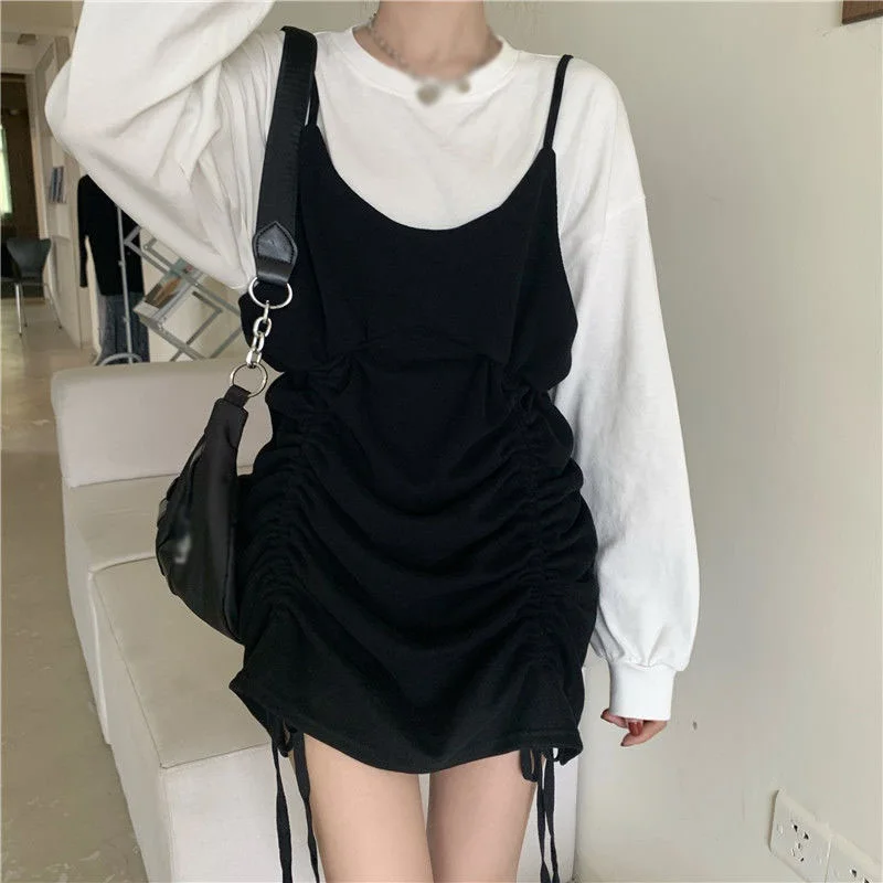 

Women Fashion Fake Two-piece Drawstring Pleated Dress Female Stitching Long-sleeved Loose Knee-length Autumn Dress High Quality/