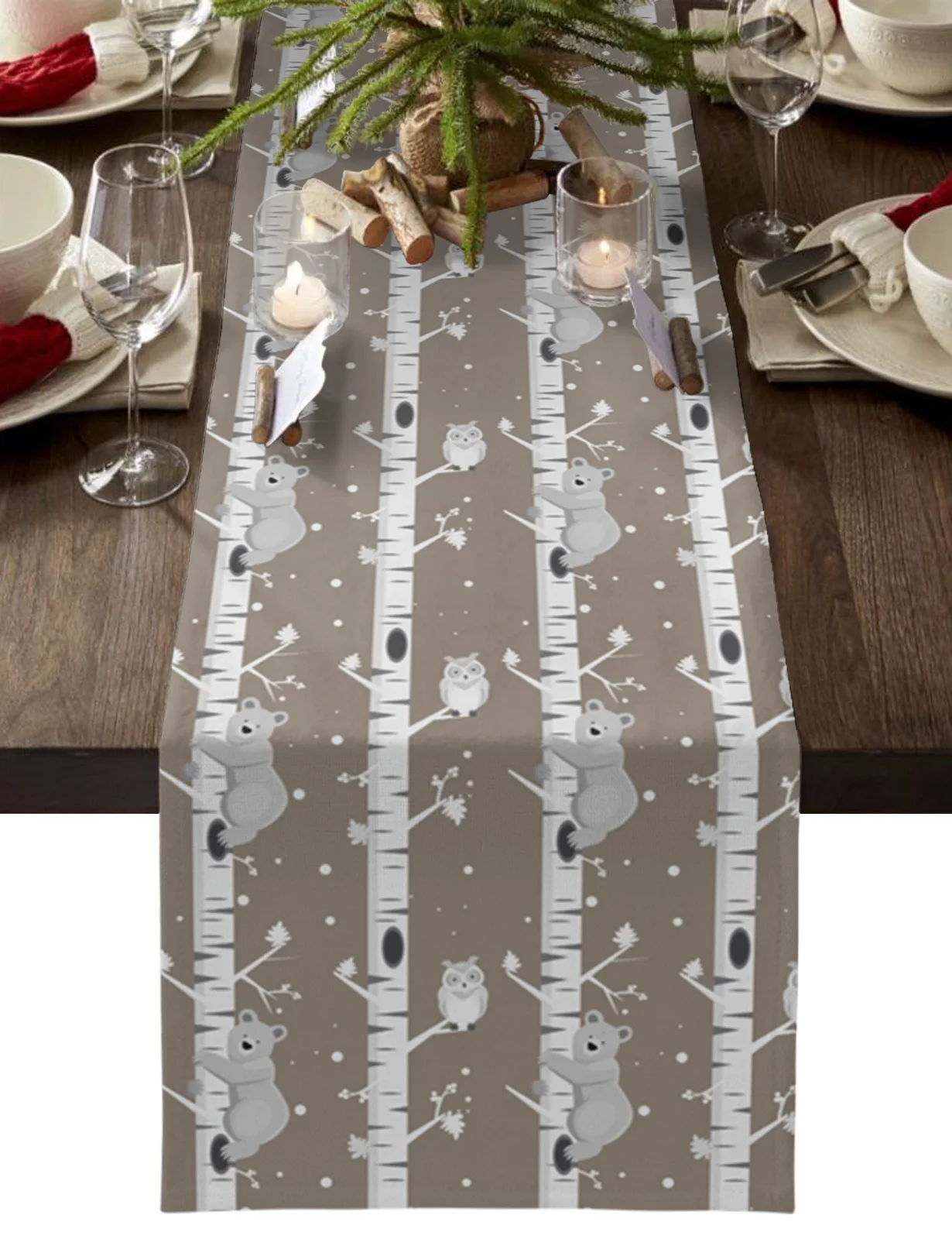 

Christmas Tree Owl Bear Brown Table Runner Wedding Decor Table Flag Christmas Decorations for Home Table Cloth