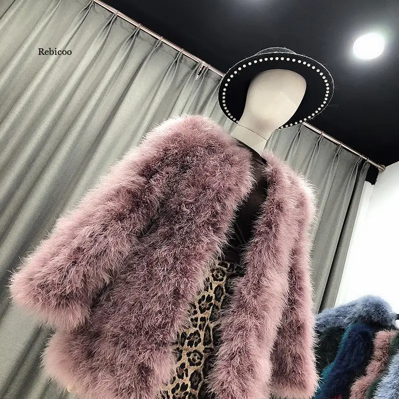 autumn winter women fashion ostrich feather jackets medium long real fur coats  puffy turkey fur