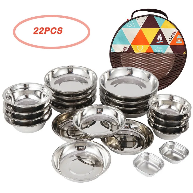 

22PCS Stainless Steel Tableware Set Protable Multiple Size Flat Dishes Bowls Plates Camping Picnic BBQ Party Cooking Utensils